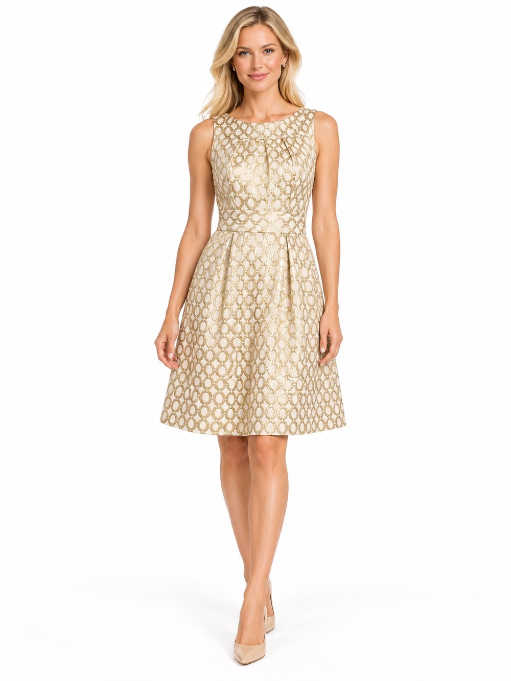 Ralph Lauren Size 4 Sleeveless Gold Jacquard Fit-and-Flare Dress Formal